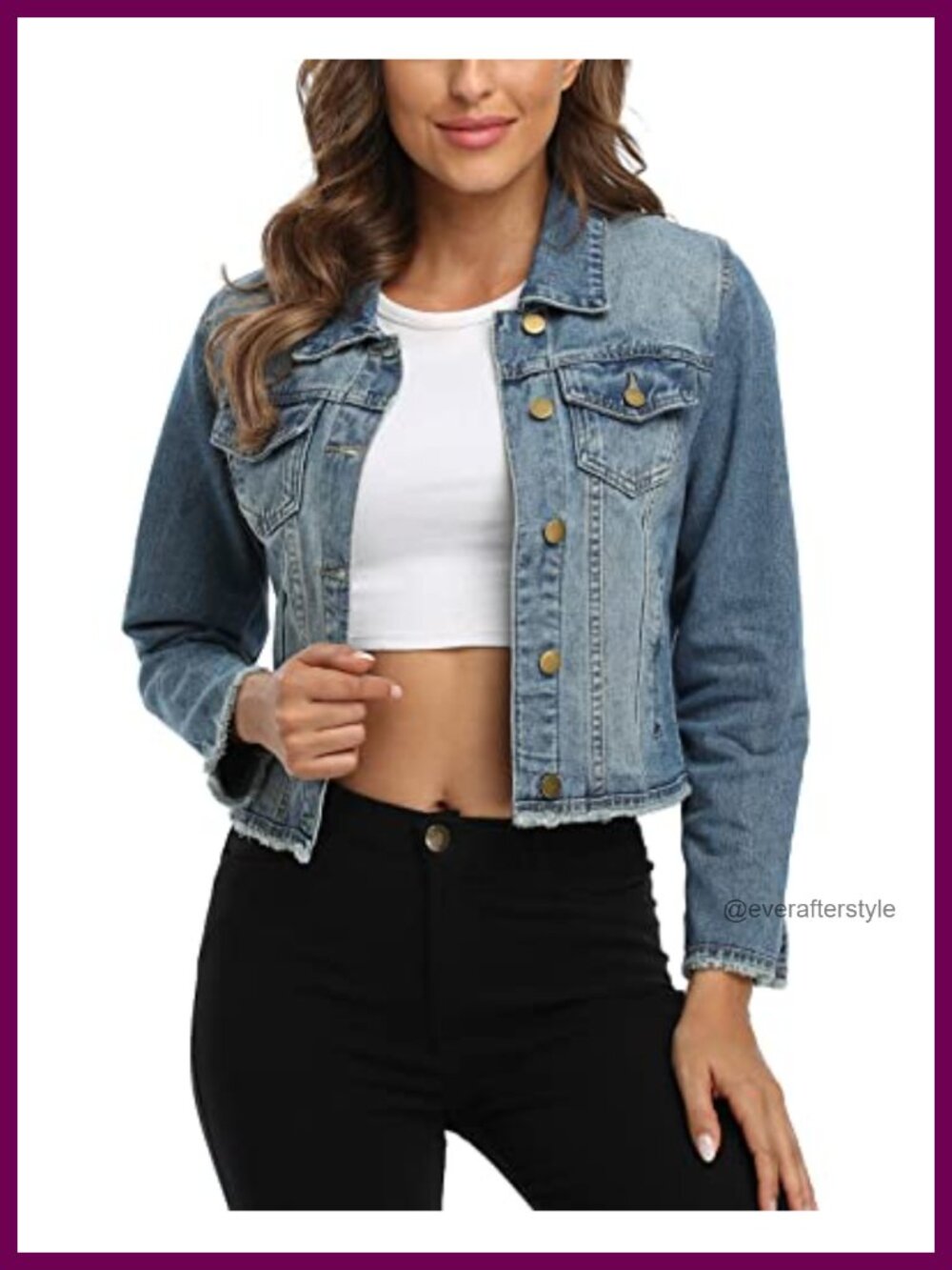 Women's Cotton Frayed Cropped Denim Jacket with 2 Pockets